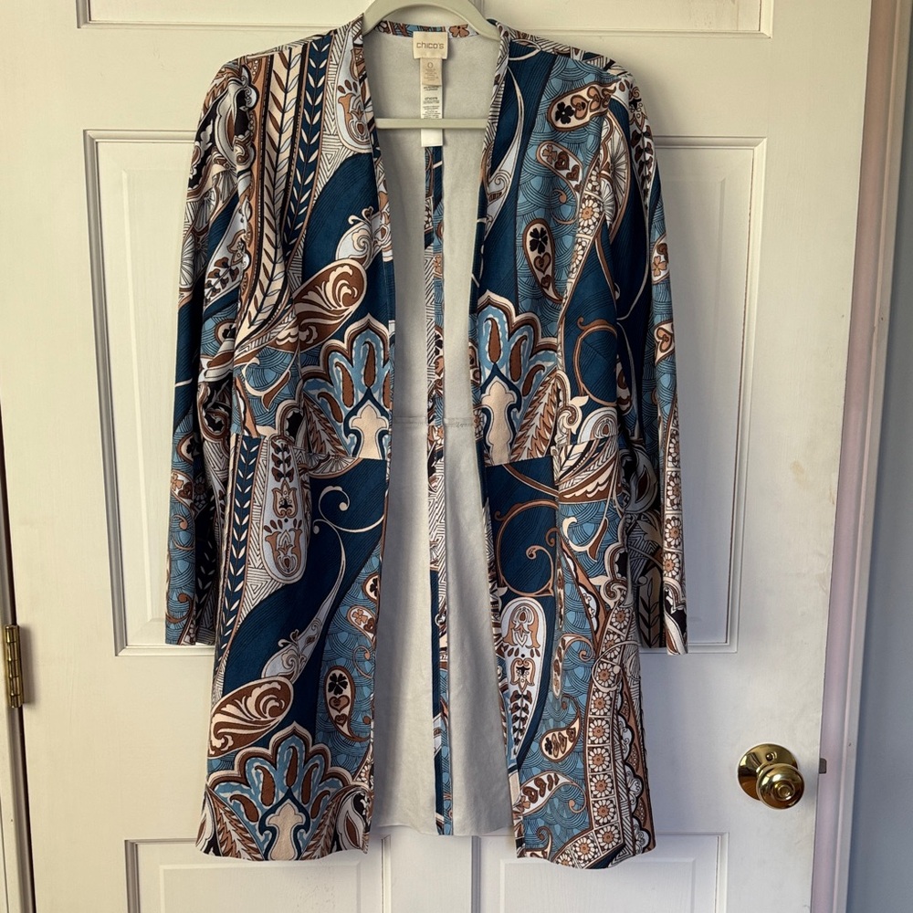 Chico's Multicolor Paisley Faux Suede Very Soft Open Cardigan 0